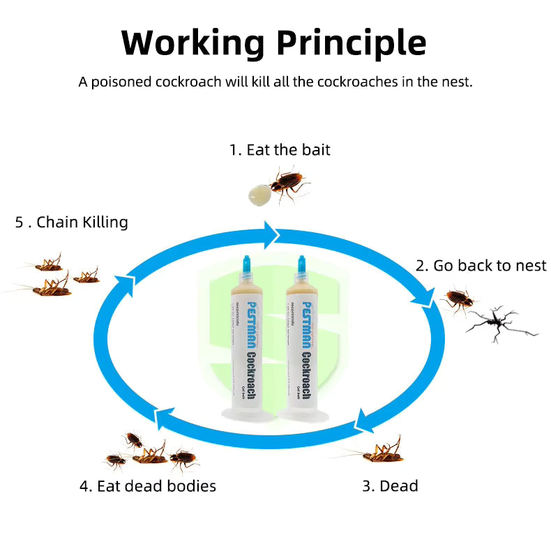 Pestman Cockroach  Gel Bait, 30g Games, with Syringe Applicator, Roach Bait Effective Roach Killer, Child and Pet Safe Easy-toUse Household SBC, one 30g Tube with 1 Plungers and 1 Taps