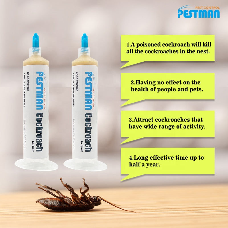 Pestman Cockroach  Gel Bait, 30g Games, with Syringe Applicator, Roach Bait Effective Roach Killer, Child and Pet Safe Easy-toUse Household SBC, one 30g Tube with 1 Plungers and 1 Taps