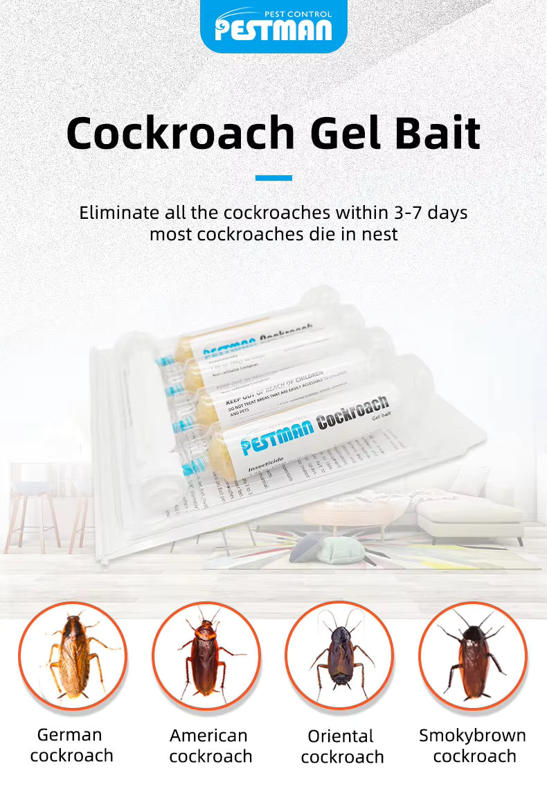 Pestman Cockroach  Gel Bait, 30g Games, with Syringe Applicator, Roach Bait Effective Roach Killer, Child and Pet Safe Easy-toUse Household SBC, one 30g Tube with 1 Plungers and 1 Taps