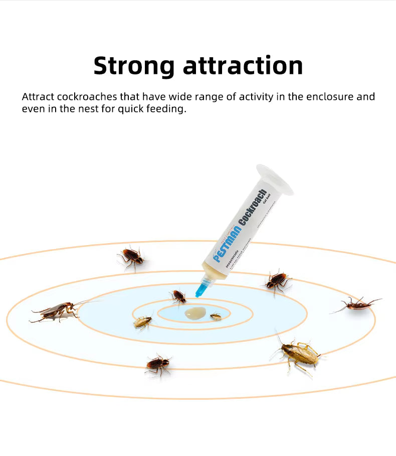 Pestman Cockroach  Gel Bait, 30g Games, with Syringe Applicator, Roach Bait Effective Roach Killer, Child and Pet Safe Easy-toUse Household SBC, one 30g Tube with 1 Plungers and 1 Taps